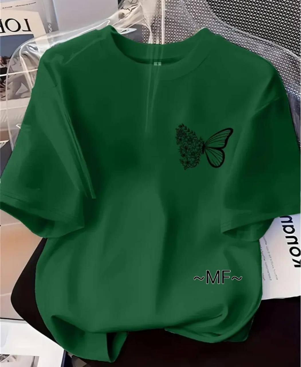 DARK GREEN TEE WITH BUTTERFLY PRINT