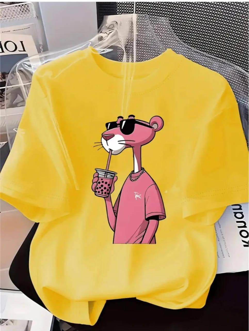 YELLOW TEE WITH PINK PANTHER PRINT