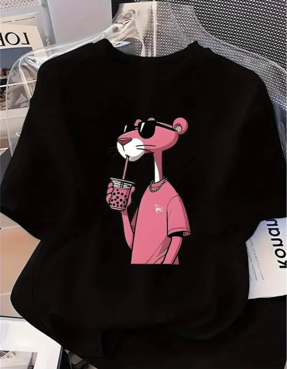 BLACK TEE WITH PINK PANTHER PRINT