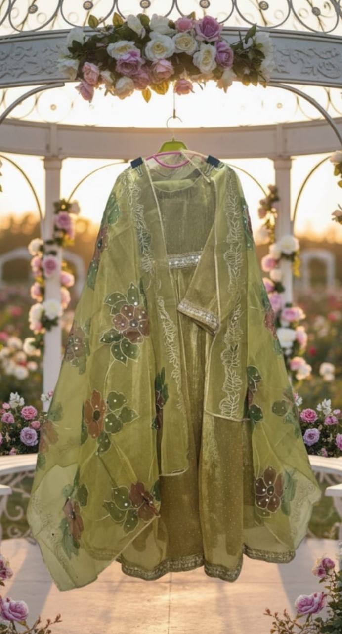 PAKISTANI FROCK WITH HAND PAINTED AND MIRROR WORK SHAWLS