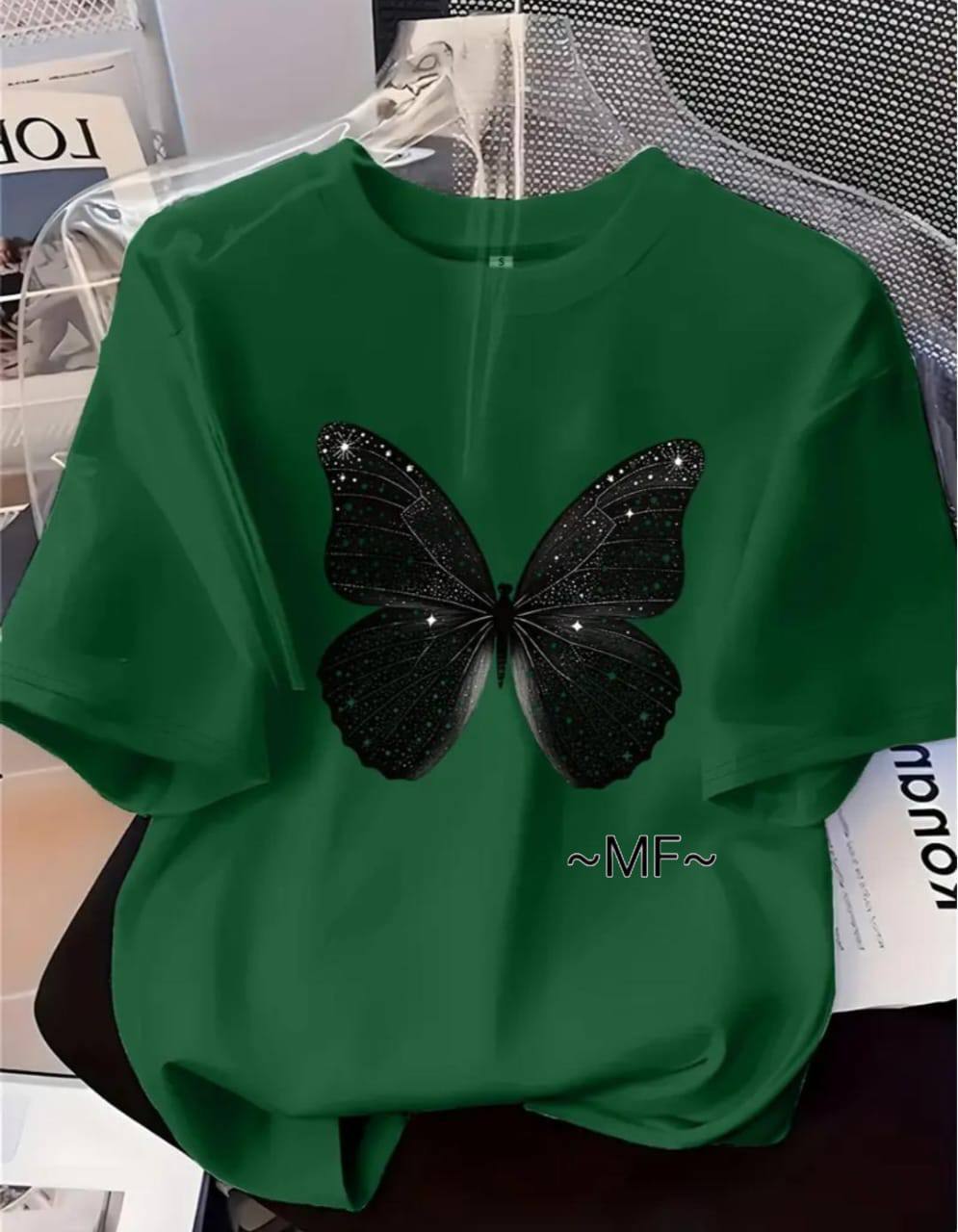 DARK GREEN TEE WITH A BLACK BUTTERFLY PRINT