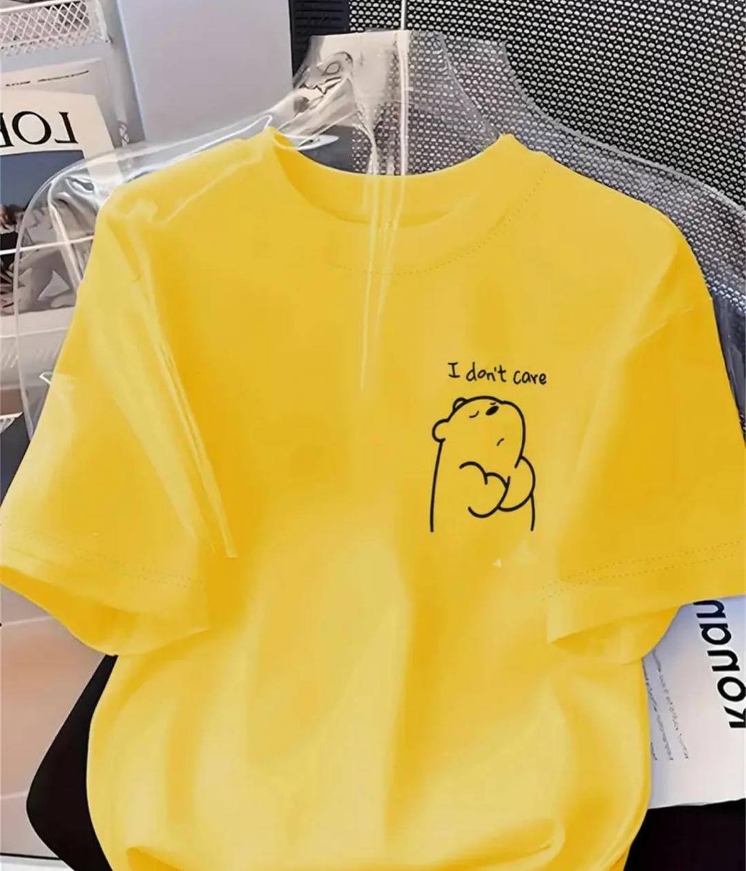 DAZZLING TEE WITH “I DON’T CARE” PRINT – YELLOW