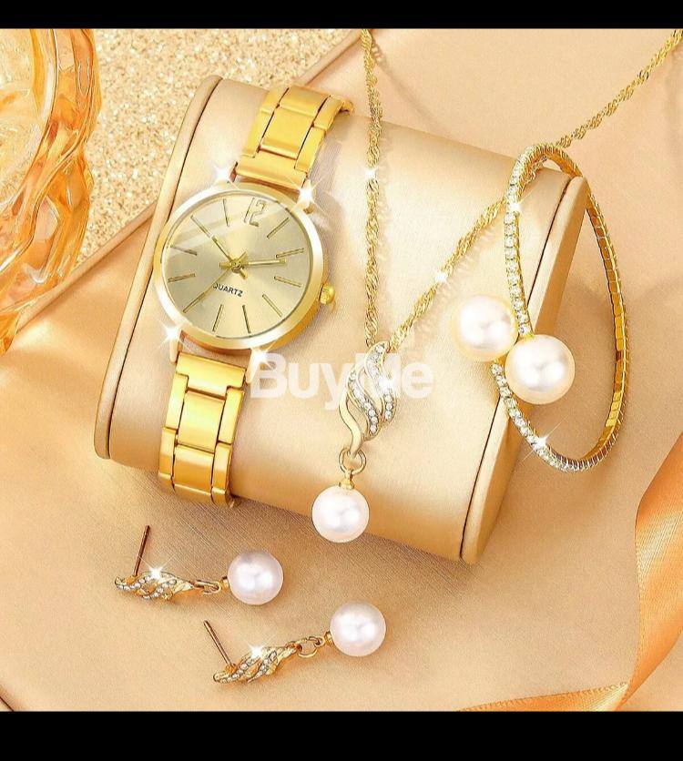 GOLD COLOUR WATCH, NECKLACE EARRINGS WITH BLESLET