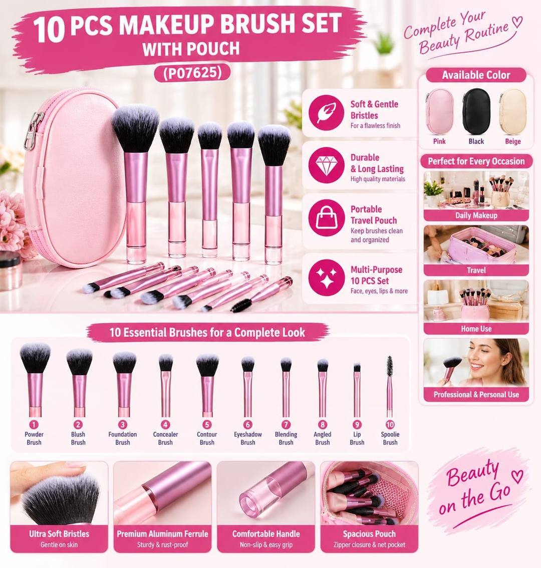 10 PCS MAKEUP BRUSH SET WITH POUCH (P07625