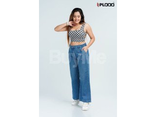 BELL TYPE WIDE LEG JEANS - MID BLUE