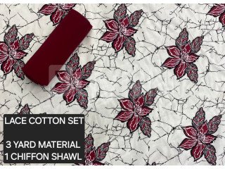 LACE COTTON SET -WHITE AND MAROON PRINTED