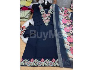 HANDWORK KURTI WITH DUPATTA PANTS SET - BLUE