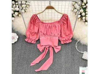 PINK PUFFY SLEEVE RIBBON TIE BACK TOP