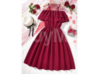 GIRLS OFF SHOULDER RUFFLE TRIM DRESS - MAROON