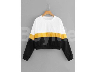 LADY'S CROP TOP - WHITE , BLACK & YELLOW MIX