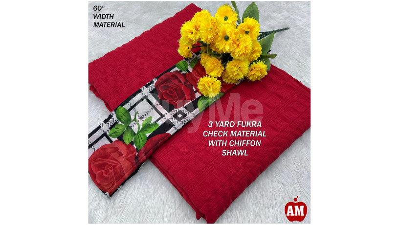 3-yard-fukra-check-material-with-chiffon-shawal-red-color-big-0