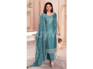 HEAVY SILK PRINT WITH SEQUENCE EMBROIDERY STITCH WORK DRESS - BLUE