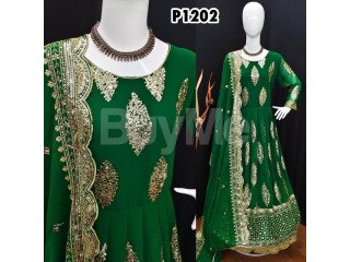 GEORGEET WITH HEAVY EMBROIDERY SEQUENCE DESIGN WORK - DARK GREEN