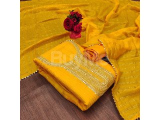 DIABLE CHANDERI CROSET WORK WITH EMBROIDERY DRESS - YELLOW