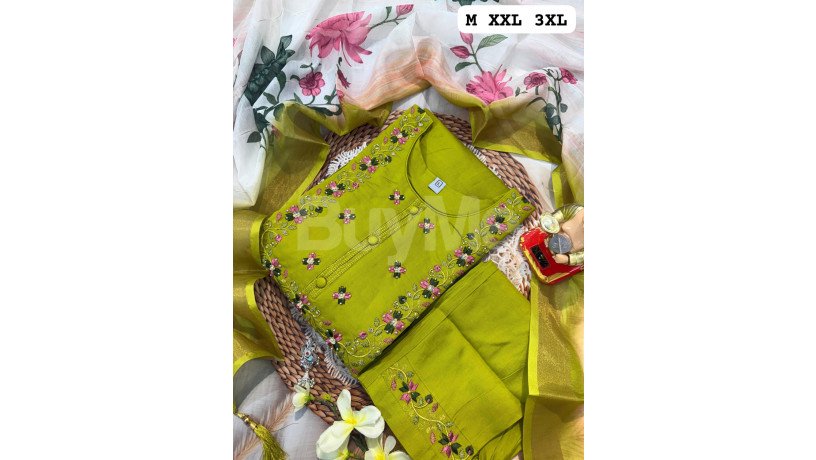 handwork-kurti-with-dupatta-pants-set-olive-green-big-0