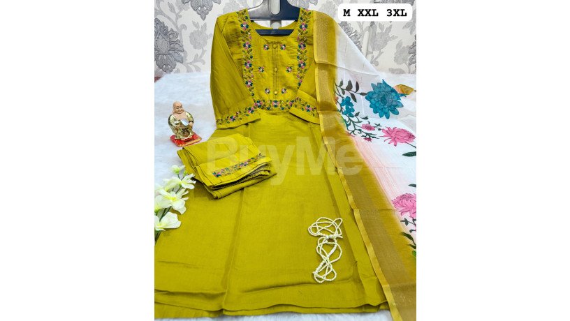 handwork-kurti-with-dupatta-pants-set-olive-green-big-1