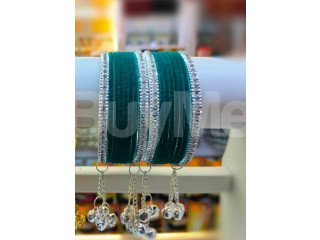 GREEN VELVET BANGLES WITH TASSELS BANGLES