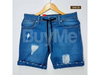 MENS DENIM PATCH SHORTS - MID BLUE