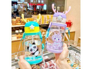 LOVELY ANTLER CHILDREN STRAW WATER BOTTLE SHOULDER STRAP SCHOOL DRINKING WATER CUP KIDS BOY GIRL BOTTLE - PURPLE & GREEN