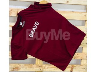 RIB PRINT HIGH NECK TSHIRT - MAROON