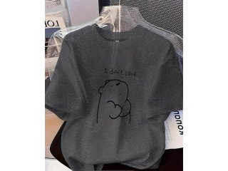GREY TEE WITH 'I DON'T CARE' PRINT