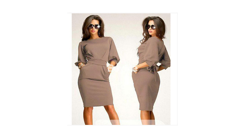 brown-women-work-dress-half-sleeve-slim-with-belt-big-0