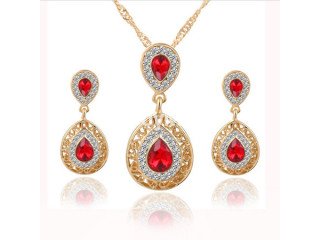 CHARM CRYSTAL WATER DROP PENDANT JEWELRY SET RED