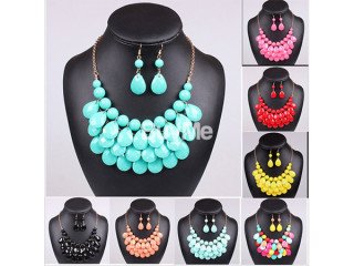 WOMENS ACRYLIC BEAD CHOKERS BUBBLE NECKLACE EARRINGS JEWELLERY SET