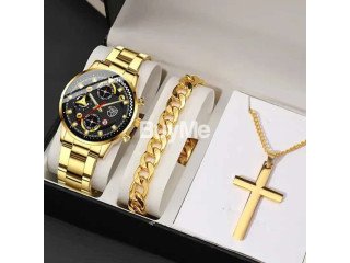 GOLD COLOUR WATCH WITH BRACELET & DESIGN CHAIN FOR MEN