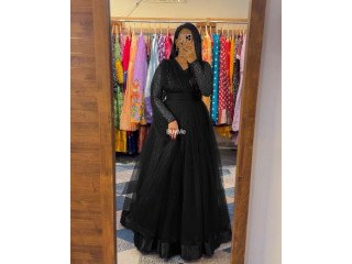 GOWN + DUPATTA AND JACKET SET WITH BELT - BLACK